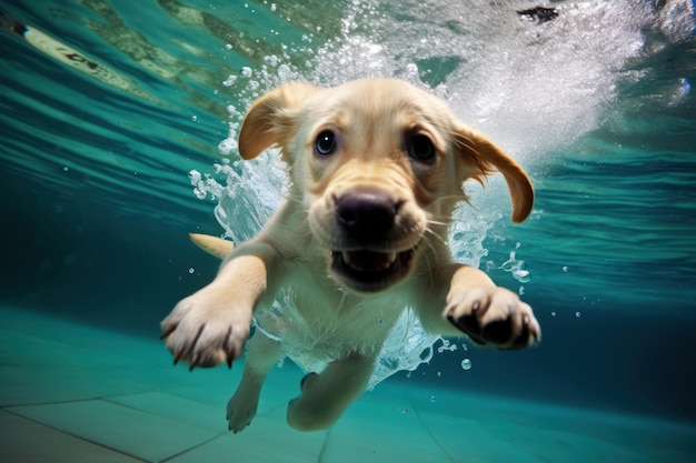 Golden labrador retriever puppy playing and training underwater