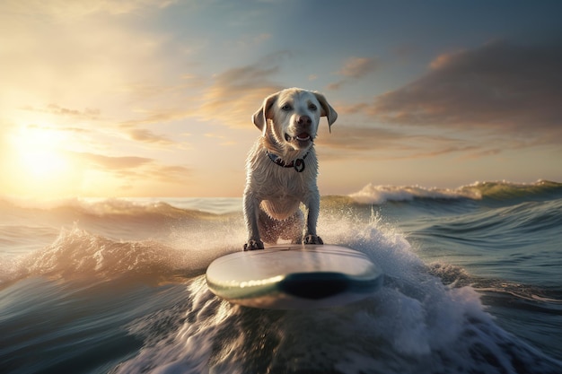 Golden labrador retriever surfista su una tavola da surf