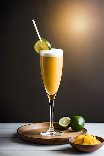 A golden lager cocktail with a straw on a plate and a plate with a plate of fruit on it.