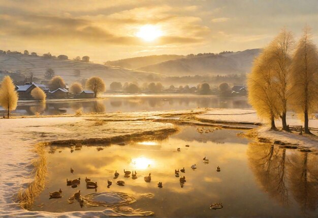 Golden lake adorns my village providing winter snowy and tree