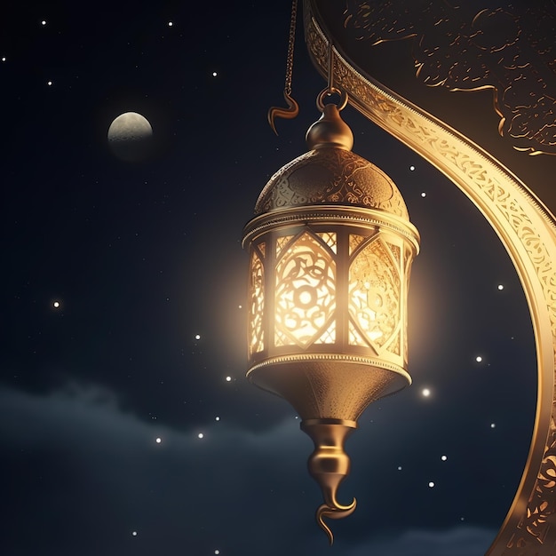 A golden lamp with the moon in the background