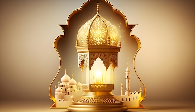 A golden lamp with a mosque in the background