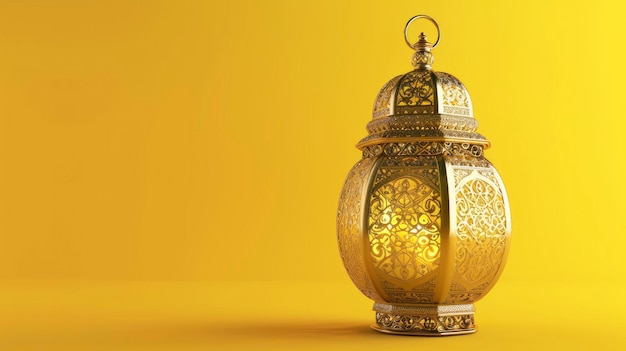 Golden Lantern A 3D Illustration of Islamic Ramadan Kareem Greeting Featuring a Gold Lantern Element Adorned on a Warm Yellow Background