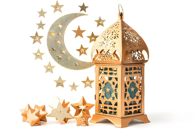 Golden lantern and crescent moon stars on white background for muslim holiday ramadan kareem