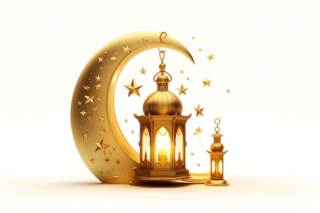 Золотой фонарь и лунные звезды на белом фоне для мусульманского праздника Рамадан Карим