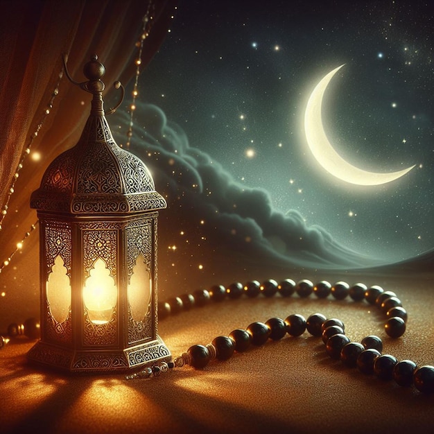 Photo golden lantern and dark beads under a starry sky a peaceful reflective night