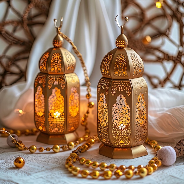 Photo golden lantern and decorations for ramadan