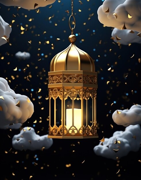 The golden lantern hanging by clouds is inspired by ramadan