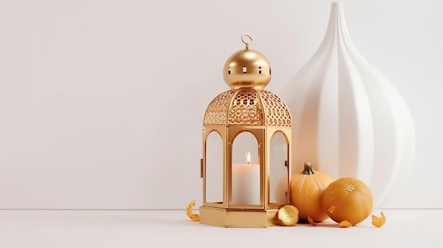 Photo golden lantern and ornaments a white background
