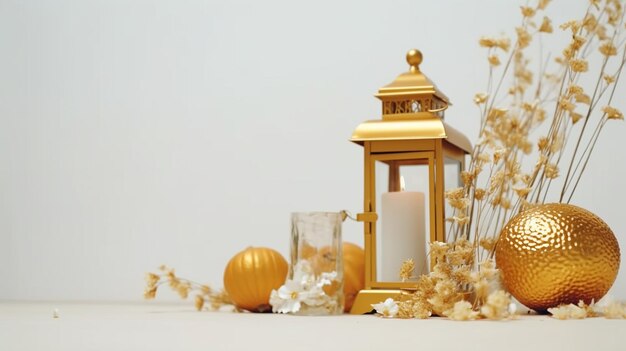 golden lantern and ornaments a white background