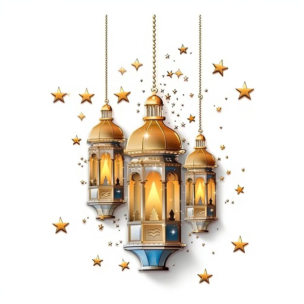 golden lantern and stars hanging from a string in the style of realistic forms