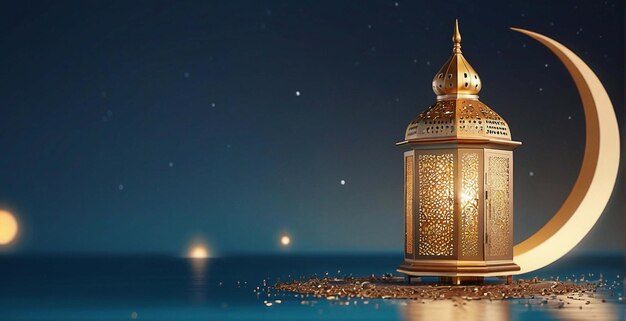 a golden lantern with a blue background with a moon in the background