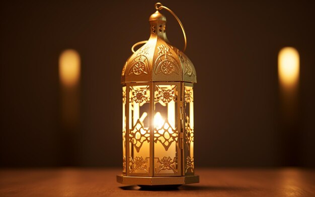 Golden lantern with candle lamp with arabic decoration arabesque design