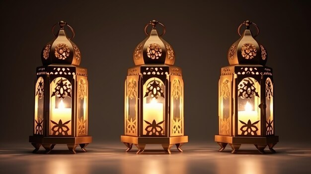 Golden lantern with candle lamp with arabic decoration arabesque design