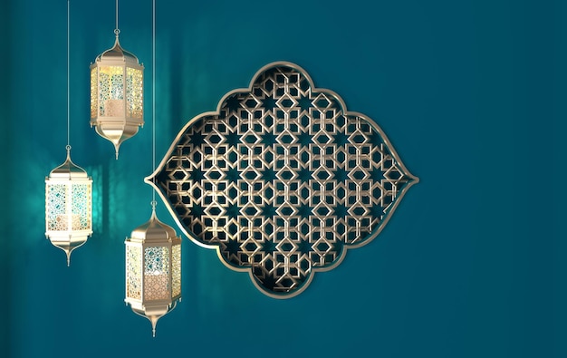 Golden lantern with candle lamp with arabic decoration arabesque Ramadan kareem or eid al fitr adha