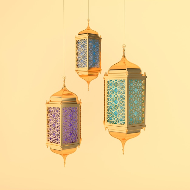 Golden lantern with colorful glass, lamp with arabic decoration, arabesque design