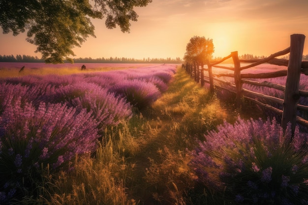 Golden lavender field country house mountains in the background Tranquil beauty generative IA