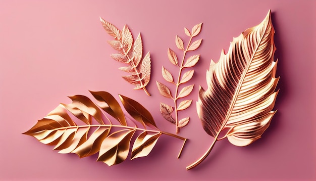 Golden leaf decoration design background Vintage gold luxury minimal concept top view and flat lay