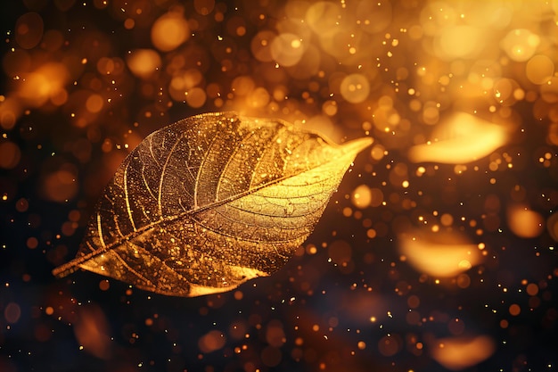 Photo golden leaf glittering elegantly among shimmering lights