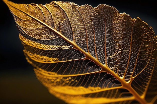 A golden leaf set against a black background creates an elegant and visually striking image with the contrast between the bright gold and dark background generative AI