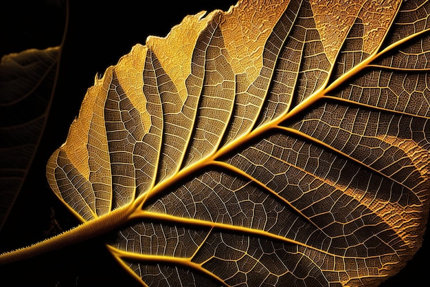 Photo a golden leaf set against a black background creates an elegant and visually striking image with the contrast between the bright gold and dark background generative ai
