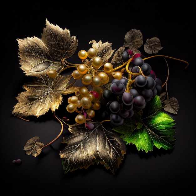 Golden leaves of grapes and berries covered with gold isolated on black close-up for advertising
