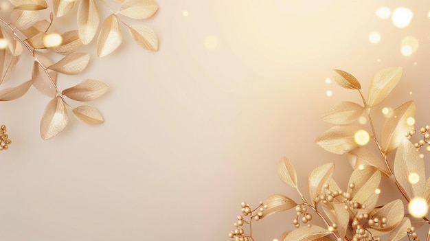 Golden leaves on pastel background Flat lay top view copy space for wedding invitation