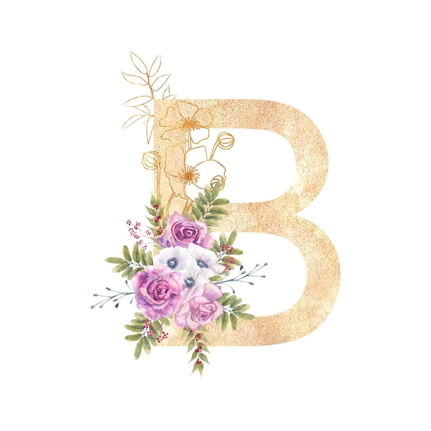 Golden letter B of the English alphabet with a bouquet of purple roses and anemones on a white isolated background Handdrawn watercolor illustration