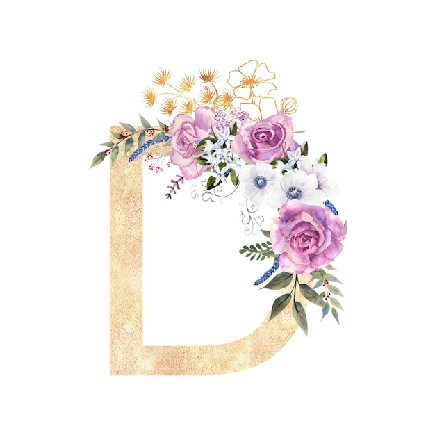 Golden letter D of the English alphabet with a bouquet of purple roses and anemones on a white isolated background Handdrawn watercolor illustration