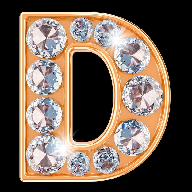 Golden letter D with diamonds 3D rendering