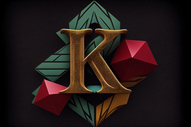 Photo golden letter k decorated with colorful geometric figures on black background 3d rendering