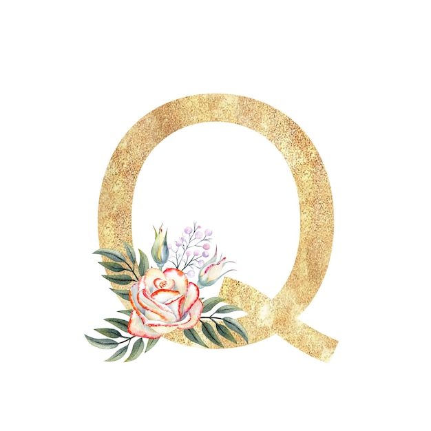 Golden letter Q of the English alphabet with a bouquet of pink roses on a white isolated background Handdrawn watercolor illustration