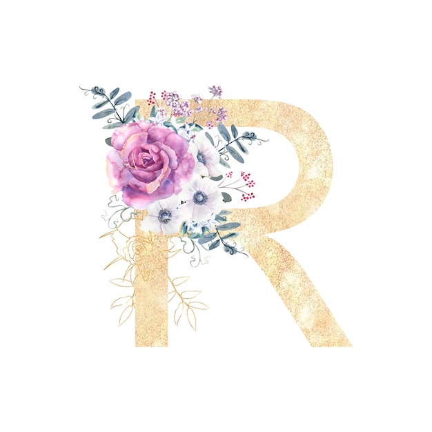 Golden letter r of the English alphabet with a bouquet of purple roses and anemones on a white isolated background Handdrawn watercolor illustration