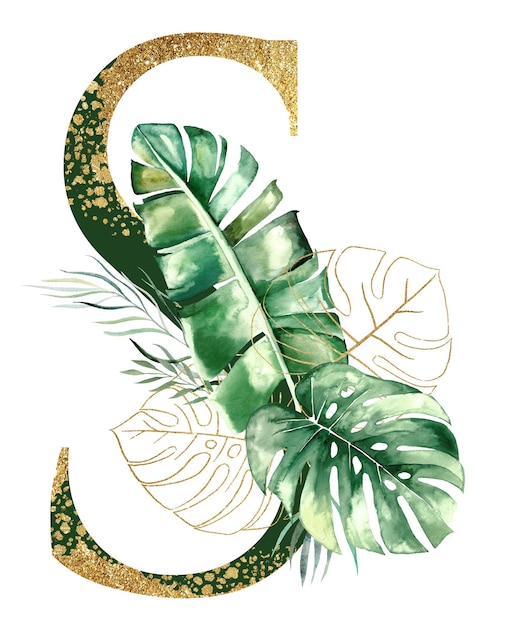 Золотая буква S, украшенная зелеными и золотыми акварельными тропическими листьями, изолированными