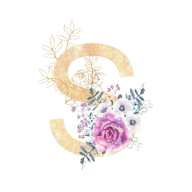 Golden letter s of the English alphabet with a bouquet of purple roses and anemones on a white isolated background Handdrawn watercolor illustration