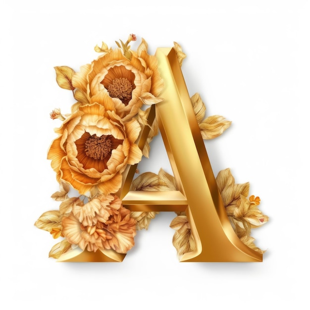 Golden Letter 'A with peony flowers isolated on white background ai generative