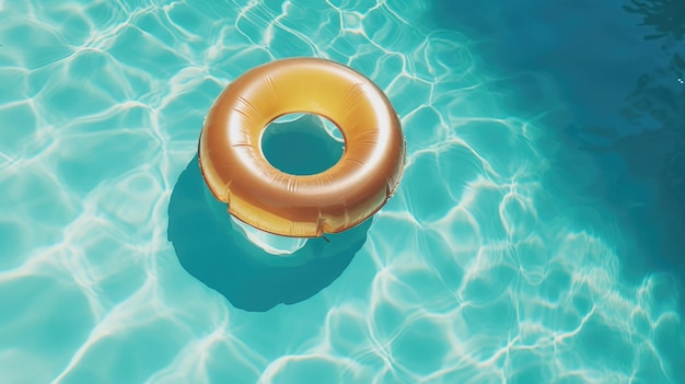 Golden lifebuoy floating in the pool