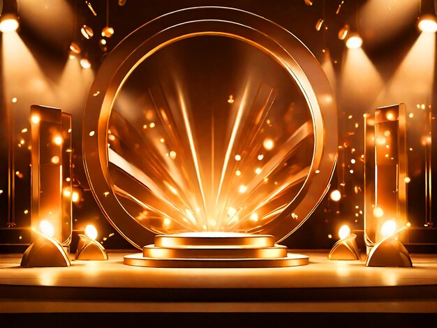 Golden light award stage Podium with golden light lamps background