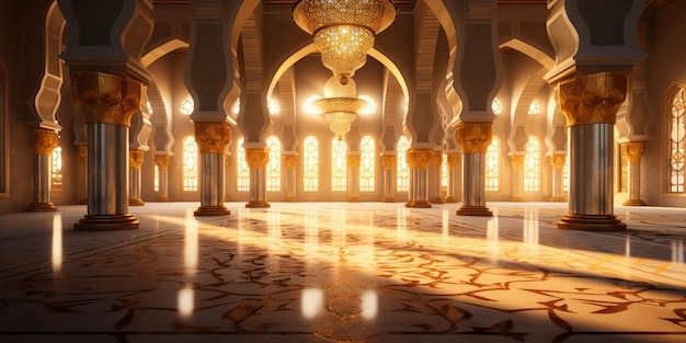 Photo golden light bathes a peaceful mosque interior in a divine glow