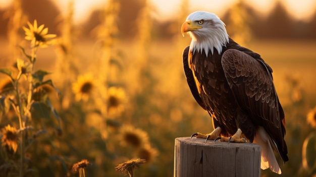 Golden Light A Majestic Bald Eagle In A Sunflower Field