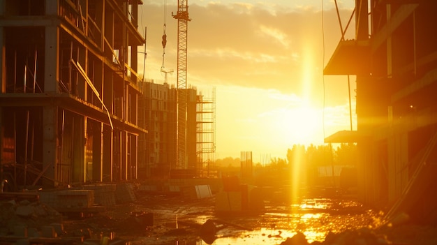 写真 太陽 の 昇る 際 の 建設 場 に 照らさ れ て いる 金色 の 光