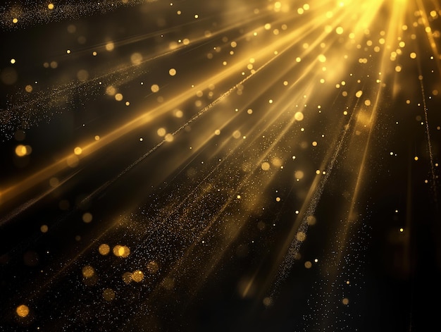 golden light rays and glitter on black background