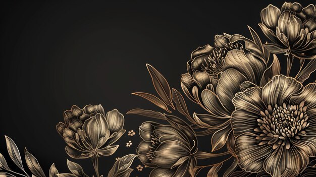 golden line art of peonies on the left side against a black background