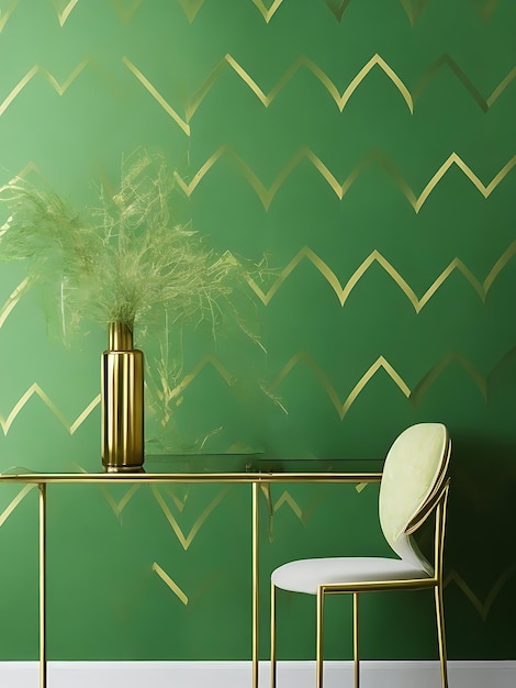 golden lines on green wallpaper a table a chair and a vase with minimalist style