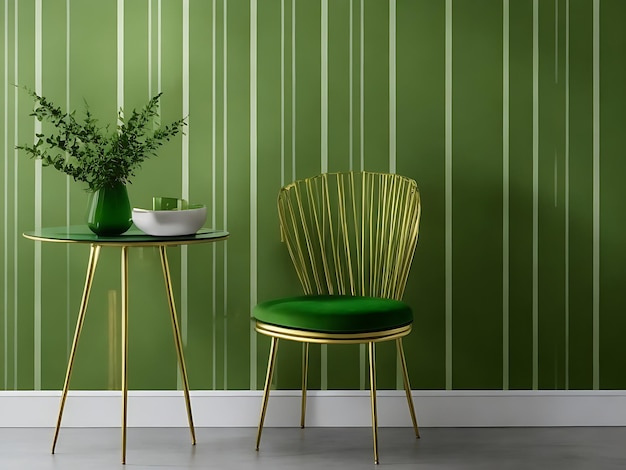 золотые линии на зеленых обоях, стол, стул и ваза в минималистском стиле