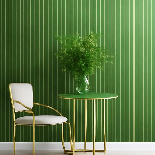 golden lines on green wallpaper a table a chair and a vase with minimalist style