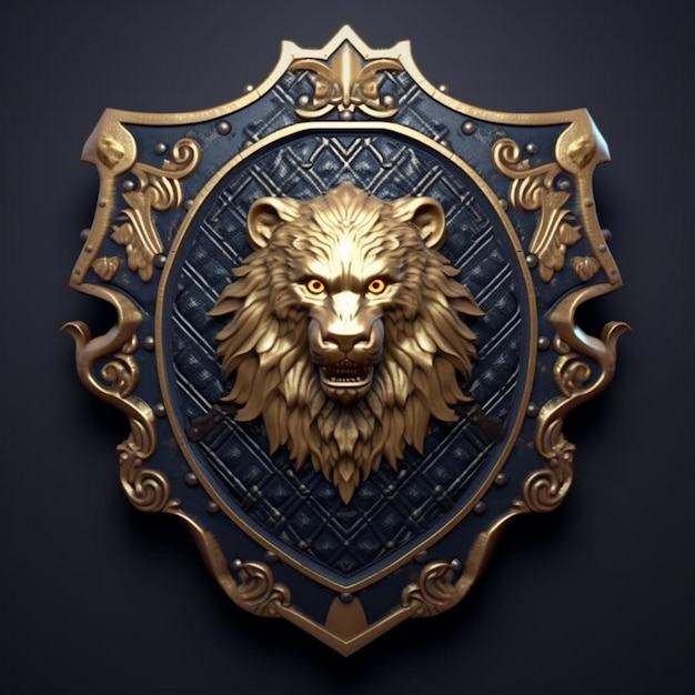 A golden lion head on a blue shield with gold accents generative ai