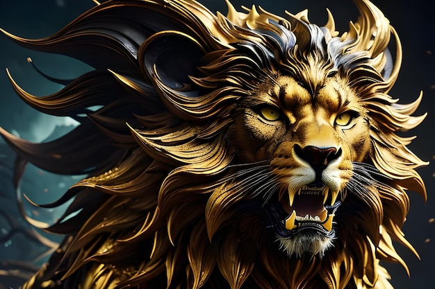 A golden lion with a black background