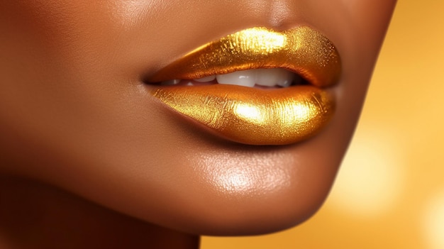 Photo golden lips of a woman closeup golden yellow lipstick