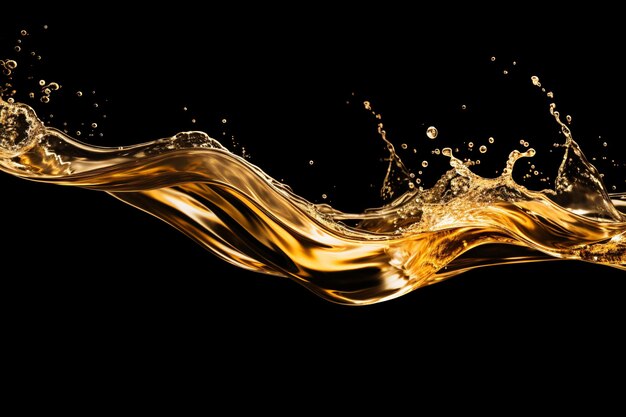 Un liquido dorato spruzzato su uno sfondo nero il liquido luccica ia generativa